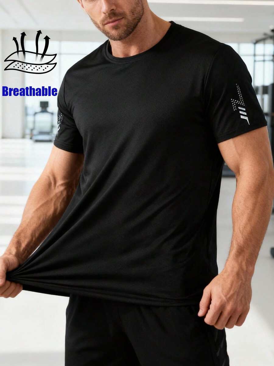 Men's Quick-Dry Printed Breathable T-Shirt - Moisture-Wicking, Comfortable Fit, Suitable For Running, Fitness, Casual, Travel And Other Sports/Outdoor Activities - Black - View 1