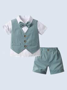 BOARNSEORL 2pcs Young Boys Gentleman Outfit - Mint Green Vest Top With Shirt & Bow Tie, Shorts, Stylish Formal Attire Suitable For Baby Shower, Birthday Party, Wedding, Ring Bearer - Blue - View 2