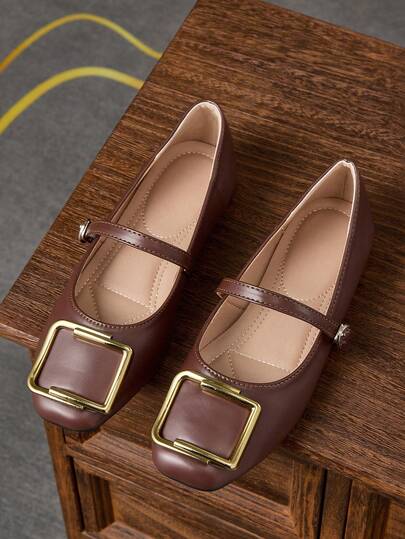 女士时尚方头棕色平底鞋，配金色搭扣，百搭办公休闲户外休闲一脚蹬鞋，尽显优雅气质，夏季玛丽珍芭蕾平底鞋