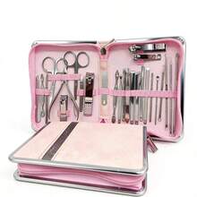 26 piezas Kit de herramientas de manicura de acero inoxidable premium, incluye lima de uñas recta, cucharilla para oídos y tijeras - Juego de belleza profesional de estilo moderno para viajes - Rosa - Ver 8