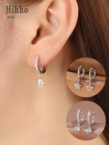 Hihho 2pcs Cubic Zirconia Water Drop Earrings - Silver - View 8