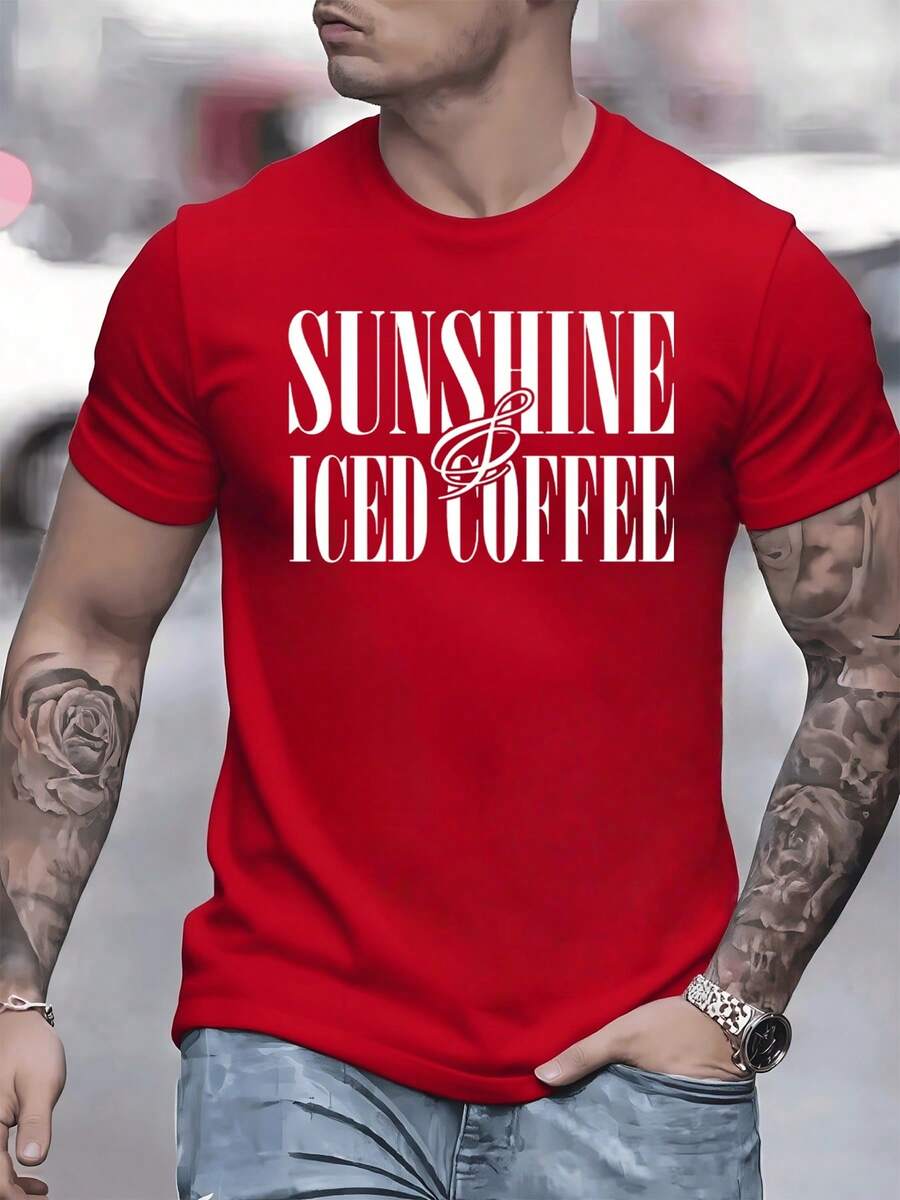 Phrases That Evoke The Warmth Of The Sun And The Freshness Of An Iced Coffee, Conveying Positive Energy And A Relaxed Style For Those Who Enjoy Moments Outdoors. Men's T-Shirt, 100% Cotton, 220g - 紅色 - 查看 1