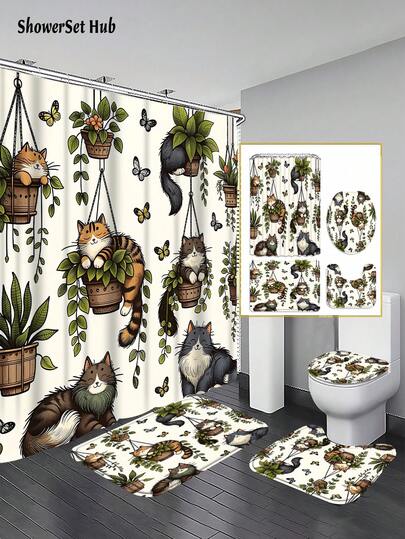1/3/4pcs Whimsical Kitten In Hanging Basket Pattern Shower Curtain Bathroom Sets,Cute Cat & Plant Waterproof And Wear-Resistant Accessories,With 12 Hooks - Includes Toilet Seat Cover, Bath Mats, And Rugs - Plastic Fabric - Washable,Mildew-Resistant - Perfect For Holiday Decor,Home/Bedroom/House/Western/Spring Decor,