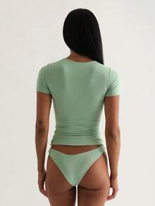 2026新款绿色短袖圆领T恤，弹力修身休闲日常度假女装，春夏款 - 薄荷綠 - 查看 6