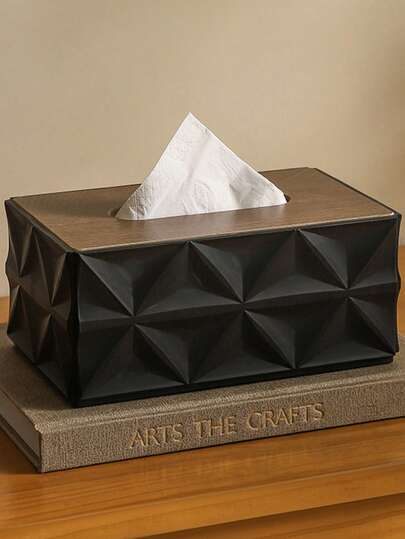 Bohemian Style Plum Blossom Pattern Covered Tissue Box - Multifunctional Napkin Paper Box, Wet Wipe Storage Box, And Garbage Bag Organizer, Plastic Rectangular With Wooden Lid Design, Suitable For Multi Scene Storage Of Decorative Hygiene Products Throughout The House