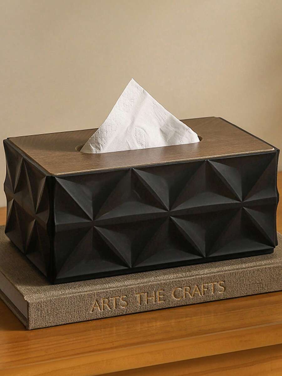 Bohemian Style Plum Blossom Pattern Covered Tissue Box - Multifunctional Napkin Paper Box, Wet Wipe Storage Box, And Garbage Bag Organizer, Plastic Rectangular With Wooden Lid Design, Suitable For Multi Scene Storage Of Decorative Hygiene Products Throughout The House - Multicolor - View 1