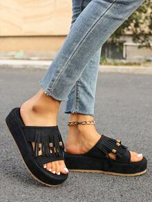 Women's Retro Fringe European & American Style Platform Mule Sandals - Black - View 3