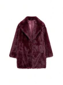 Seelio 女士仿皮草超大款外套，温暖舒适，欧美风，冬季新款度假装 - 酒紅色 - 查看 5