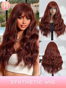 Burgundy Color Wig With Bangs Long Water Wave Wigs For Women 24 Inches Curly Wavy Hair Natural Looking Heat Resistant Fiber Wig For Girls For Women Halloween Party Use Suitable ForAll People High Temperature Fiber - Burgundy - View 10