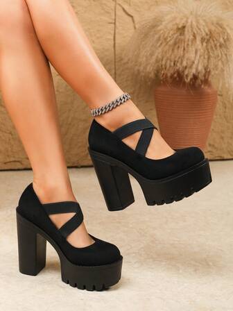 女士防水厚底高跟鞋，时尚百搭仿珍珠装饰搭扣连衣裙经典圆头粗跟增高防滑夜店性感派对新娘超高跟鞋