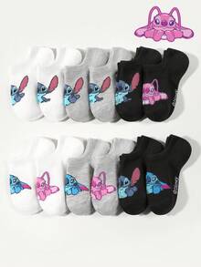 Disney 1/5/10/15 Pairs Kids/Girls Cartoon Stitch/Experiment 626 Patterned Socks, Fashionable Soft & Breathable Sports Socks, Casual Lace Trim Socks, Suitable For Students, Holidays, Travel, Back To School, Random Color & Style - Multicolor - View 1