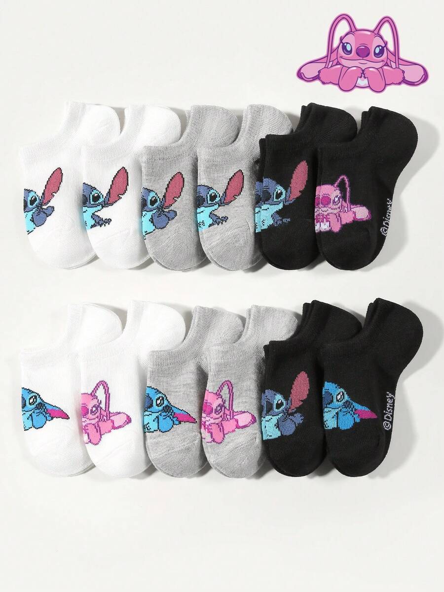 Disney 1/5/10/15 Pairs Kids/Girls Cartoon Stitch/Experiment 626 Patterned Socks, Fashionable Soft & Breathable Sports Socks, Casual Lace Trim Socks, Suitable For Students, Holidays, Travel, Back To School, Random Color & Style - Multicolor - View 1