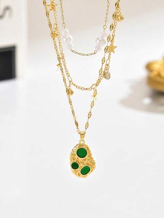 1 Set Fashion Party Style Multi-Element Mixed Women's Layered Necklace, Faux Pearl + Star + Geometric Pendant Mixed Necklace Set, Suitable For Party Wear, Women's Holiday Gift