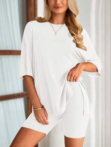 PRETTYGARDEN Women's Summer Clothes 2 Piece Sets Lounge Set Casual Oversized Shirts Biker Shorts Matching Airport Travel Sweatsuit Set Women Vacation Outfit White Summer Brunch Outfits For Women - 白色 - 查看 4
