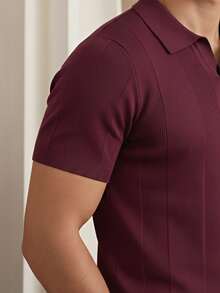Men's Spring/Summer Turndown Collar Short Sleeve Ribbed Knit Slim Fit Old Money Vibe Casual Sophisticated Knitted Polo Shirt, Designer Men's Knit Tops - Burgundy - View 5