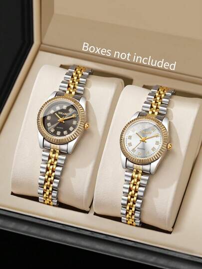 2pcs/Set Women's Gift Watch, Elegant Fashion Diamond-Studded Dial Casual Quartz Wristwatch Combo Set (Excluding Watch Box)