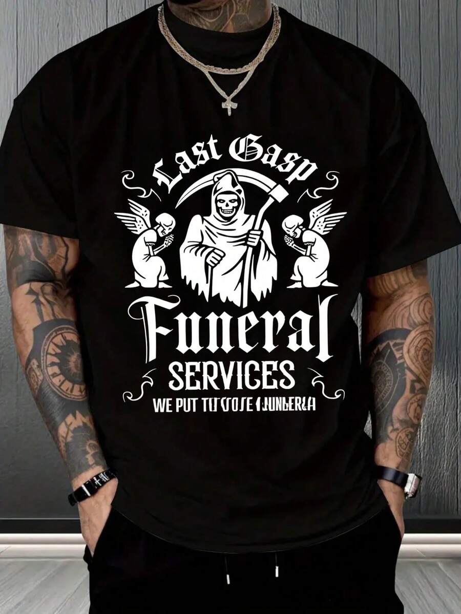Camiseta para hombre, humor Negra original, estampado la Parca "Funeral Services", para fiestas/trofeos/look irreverente, amantes del humor oscuro, playeras divertidas 2026, camisetas de fiesta, ropa urbana masculina,  casuales, playeras únicas,ropa de hombre,parejas,envio nacional,regalo para hombre,oversize hombre. - Negro - Ver 1