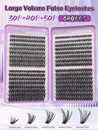 640pcs Individual Eyelash Extensions, D Curl 30D+40D+50D Curl 9-16mm, DIY Eyelash Extensions Natural Look & Super Thick & Smart & Super Soft & Super Light Reusable Individual Segmented False Eyelashes Extension Kit, Suitable For Beginners For Daily Life & Wedding & Date & Party & Music Festival & Halloween, Large Capacity D Curl Individual Eyelash Kit