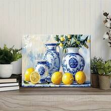 Marco elegante con marco de Arte de pared-florero de porcelana azul y blanco con limón y plantas verdes, Impresión de lienzo de borde de madera clásico, decoración del hogar de estilo decorativo adecuado para sala de estar, oficina, vestíbulo, jarrón de decoración del hogar - Multicolor - Ver 2