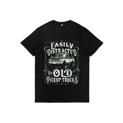 Men's Vintage Pickup Truck T-Shirt - "Easily Distracted By Old Pickup Trucks" Graphic Tee, Black with Green & White Retro Truck Design, Loose Fit Casual Shirt for Truck Lovers, Gift for Dad, Husband, Boyfriend