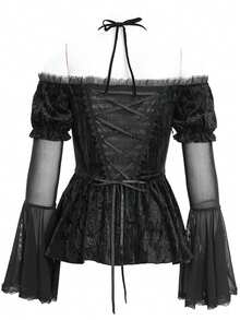 EVA LADY Blouse gothique à épaules dénudées avec manches évasées, garnie de dentelle et de texture veloutée