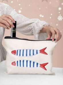 Retro Sardines Cosmetic Pouch,Fashionable Large Capacity Makeup Bag, Travel Makeup Bag, Solid Color Zipper Bag, Beauty Bag, Canvas Bag, Printed With Cute Fish Pattern, Suitable For Daily Storage, Bridal Shower And Wash Bag, Bridesmaid Makeup Kit, Bridesmaid Gift Bag, Wedding Travel Storage Bag With Zipper, Newly Designed Ideal Shopping Makeup Bag,Mother's Day Gift - Multicolor - View 7