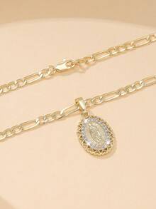 1pc Elegant Gold Oval Pendant Necklace With Virgin Mary Pattern, Unisex - Gold - View 4