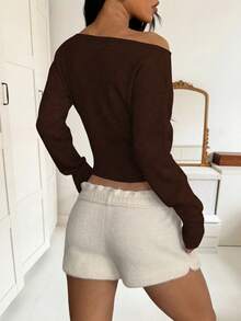 Áo len dệt kim hở vai gợi cảm, thoải mái và thanh lịch, phù hợp cho hẹn hò, tụ họp thường ngày và du lịch vào mùa thu/đông xuân. - màu nâu - Xem 5