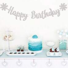 QY- Snowflake Happy Birthday Banner - Frozen Christmas Decor Silver Snowflake Birthday Banner For Boys Girls Winter Wonderland Bday Party Supplies Silver Glitter -5691 - 銀色 - 查看 5