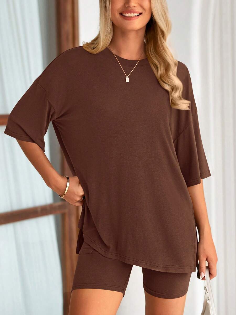 PRETTYGARDEN Women's Summer Clothes 2 Piece Sets Lounge Set Casual Oversized Shirts Biker Shorts Matching Airport Travel Sweatsuit Set Women Vacation Outfit Light Brown Summer Brunch Outfits For Women - 淺咖色 - 查看 1