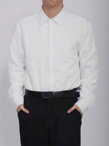 Men's Solid Color Long Sleeve Shirt, Button Detail, Knit Fabric, Regular Fit, Suitable For Business And Casual Everyday Wear - White - View 2