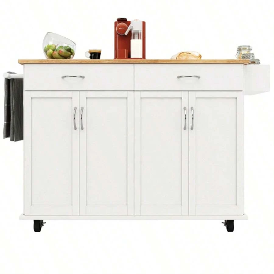 Modern Kitchen Island (106*50*90.5cm), Kitchen Cabinet, Sideboard, Dining Cart With Wood Grain, Buffet Cabinet, Multifunctional Dining Table With Storage Space, White - White - View 1