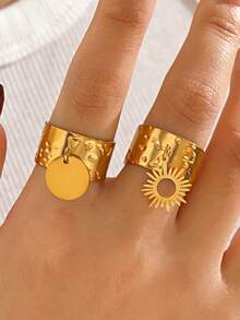 2 pièces/set Bagues géométriques en cercle plaquées or 18 carats en acier inoxydable, convient pour le port quotidien des femmes - Multicolore - Voir 2