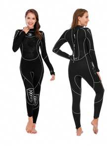 HISEA 女士 3.0mm 加厚一體式潛水泳衣；成人長袖保暖泳衣；無胸墊泳衣；水上運動衝浪服 - 黑色 - 查看 1