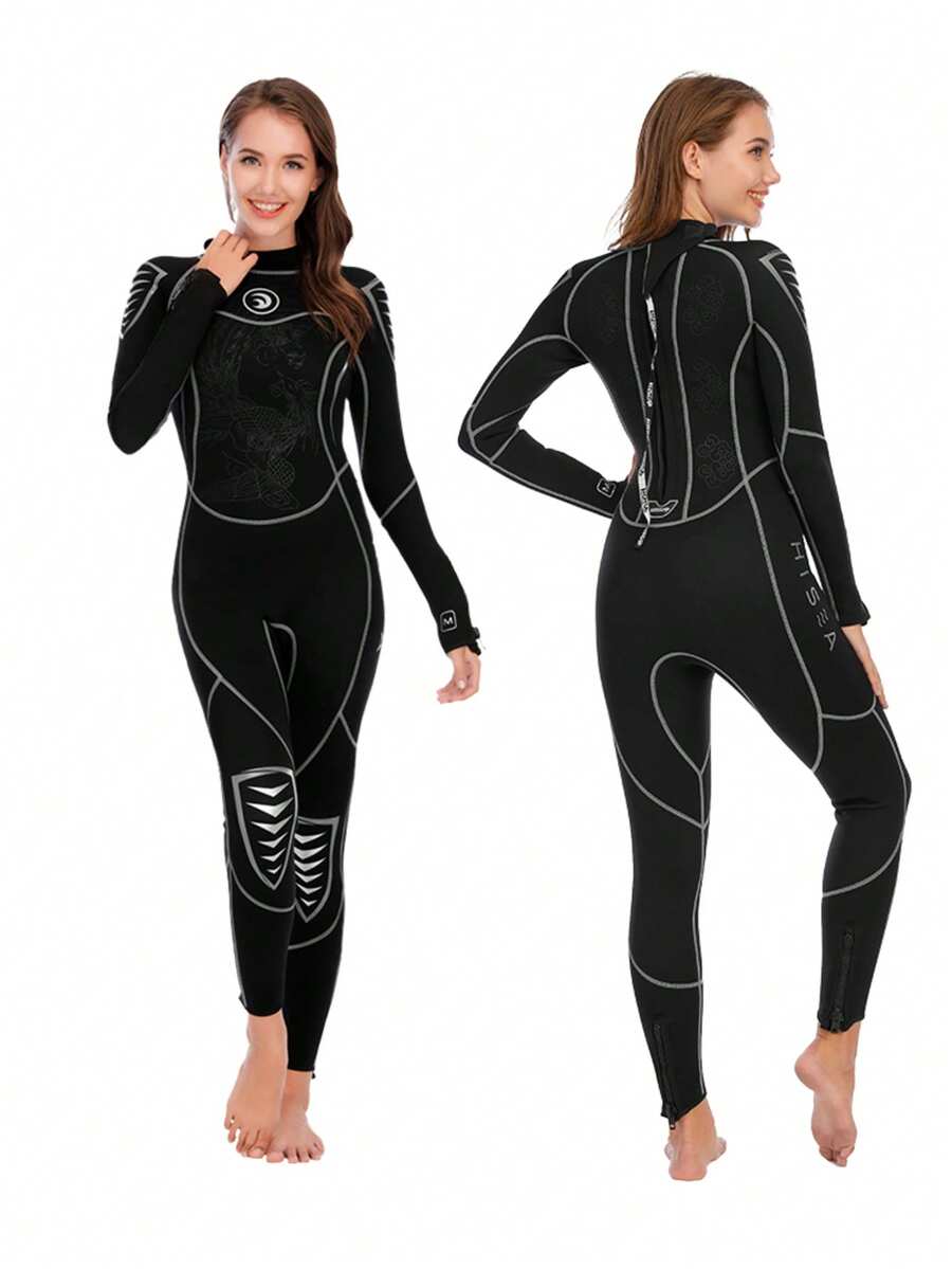 HISEA 女士 3.0mm 加厚一體式潛水泳衣;成人長袖保暖泳衣;無胸墊泳衣;水上運動衝浪服 - 黑色 - 查看 1