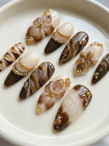 优雅Y2K风格杏仁长款美甲贴片10片装 - 法式尖头棕色渐变花朵3D海星水晶金项链水滴 - 美人鱼盛宴美甲套装，可重复使用，含美甲胶水和指甲锉 - 哥特风万圣节圣诞节美甲用品 - 棕色 - 查看 4