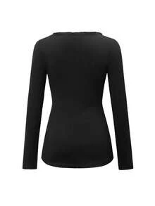 女士性感黑色V领长袖针织上衣，荷叶边设计，修身腰身，休闲街头居家T恤，春季款 - 黑色 - 查看 5