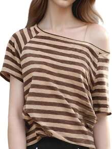 Women's Loose Fit Tops Fashionable Striped Short Sleeve Off One Shoulder T-Shirt for Casual Daily Wear - Marrón claro - Ver 8