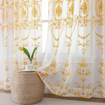 1 st. gyllene korg broderad transparent gardin, elegant lyxig transparent voilegardin med enkel installation stångficka, lämplig för vardagsrum, sovrum, balkong, utomhus