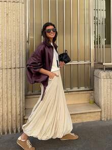 جاكيت جلدية قصيرة بومبر جديدة بطراز قديم، جاكيت كاجوال بسحاب وجيوب، جاكيت جلدية بقصة عادية، جاكيت شتوية للنساء - احمر خشبي - مشاهدة 4