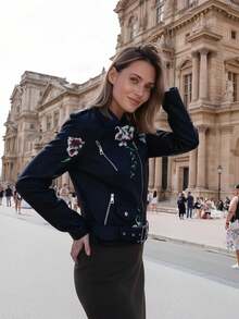 Women's Spring/Autumn Faux Leather Embroidered Commuter Jacket With Belt, Minimalist Versatile Motorcycle PU Jacket - Black - View 6