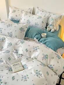4件套浅蓝色碎花清新床上用品套装（1个被套+1个床单+2个枕套），不含填充物 - 杏色 - 查看 2