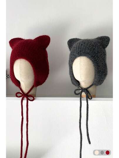 1顶纯色可爱安哥拉兔毛混纺针织帽，新款秋冬保暖针织帽，防寒针织帽，熊耳帽，时尚百搭冬季单品，猫耳手工针织帽，户外防寒护耳系带头巾