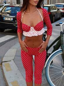 Women 3 Piece Outfits Club Party Halter Red Polka Dot Ruffle Bra Top+Long Sleeve Bolero+Capri Pants Set - Red - View 2