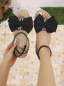 2026 New Bowknot Woven Sandals For Women, Random Printed Fashionable Big Bowknot Woven Elegant & Stylish Slip-On Beach Sandals, Lightweight & Versatile For Summer - Black - View 10