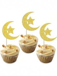 10/20/30pcs Gold Crescent Moon Cupcake Toppers - Eid Mubarak Decorations - Gold Glitter Eid Party Cake Decorations