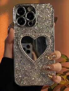 奢华闪亮银色亮片手机壳，带心形镜面，兼容 17 Pro Max/17 Pro/17 Air/17/16 Pro Max/16 Pro/16/16 Plus/15/15 Pro Max/15 Pro/15 Plus/11/12/13/14 Pro Max/11 Pro/11 Pro Max/12 Pro/12 Pro Max/13 Pro/13 Pro Max/14 Pro/14 Pro Max，全包防摔，简约创意心形硬壳，亚克力材质 - 銀色+愛心鏡子 - 查看 5