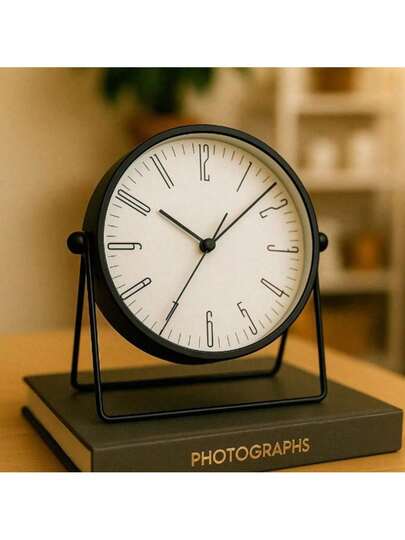 Relógio Preto Minimalista Mesa Parede 2 Em 1 Redondo Metal
