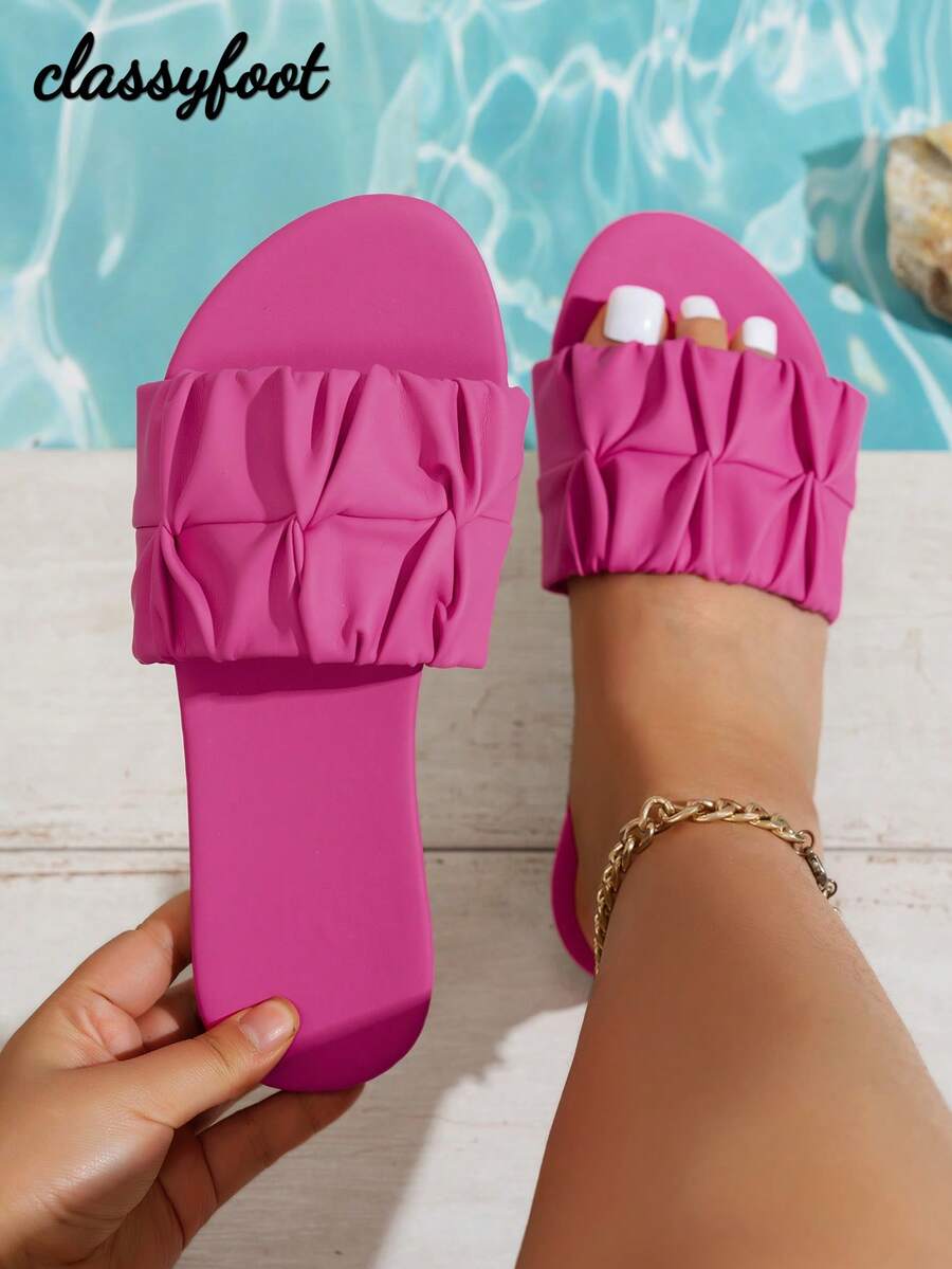 Sandálias rasteiras femininas retrô com bico quadrado e franzidas, estilo férias de verão, sandálias deslizantes de PU fúcsia