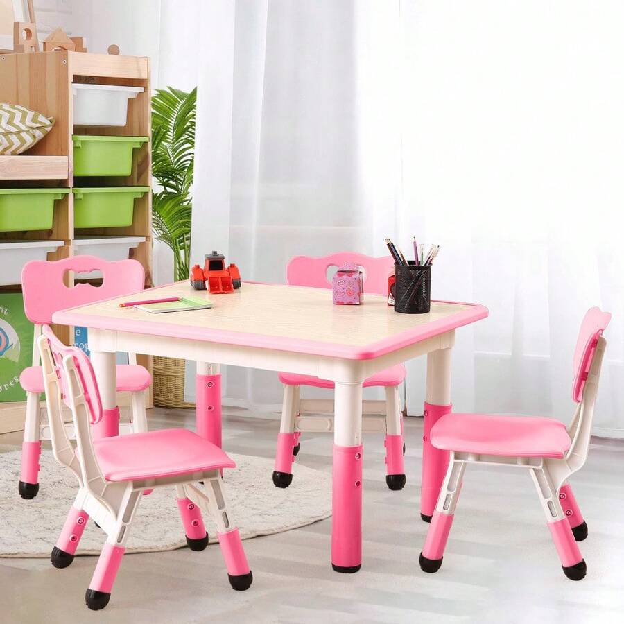 Kids Table And 4 Chair Set,32 In Height Adjustable Toddler Table And Chairs Set With Non-Slip Desk Legs&Organizer Graffiti Desktop, Preschool Activity Art Craft Tables For 4 - Pink - View 1